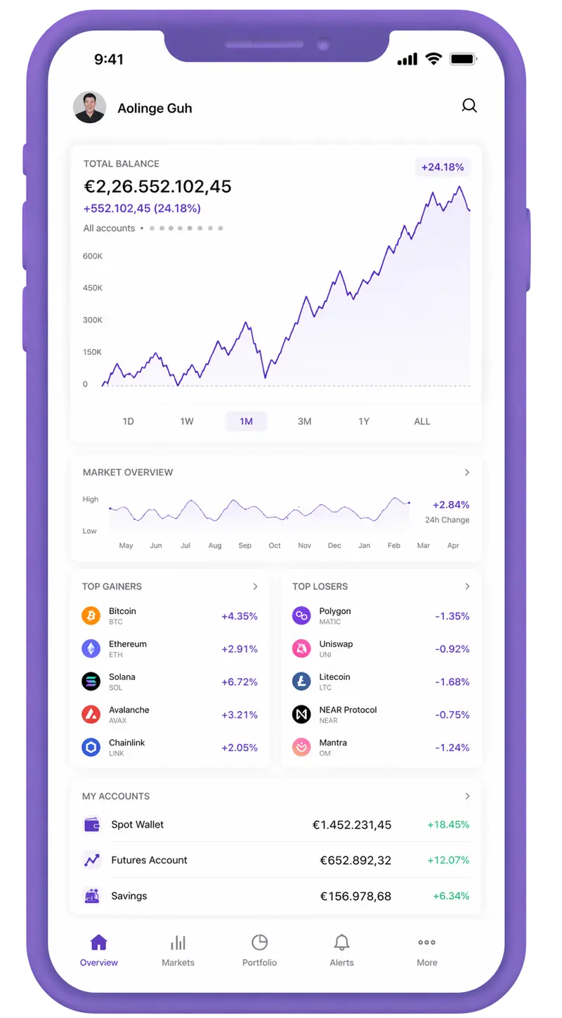 Quantum Technology mobile app showing portfolio overview